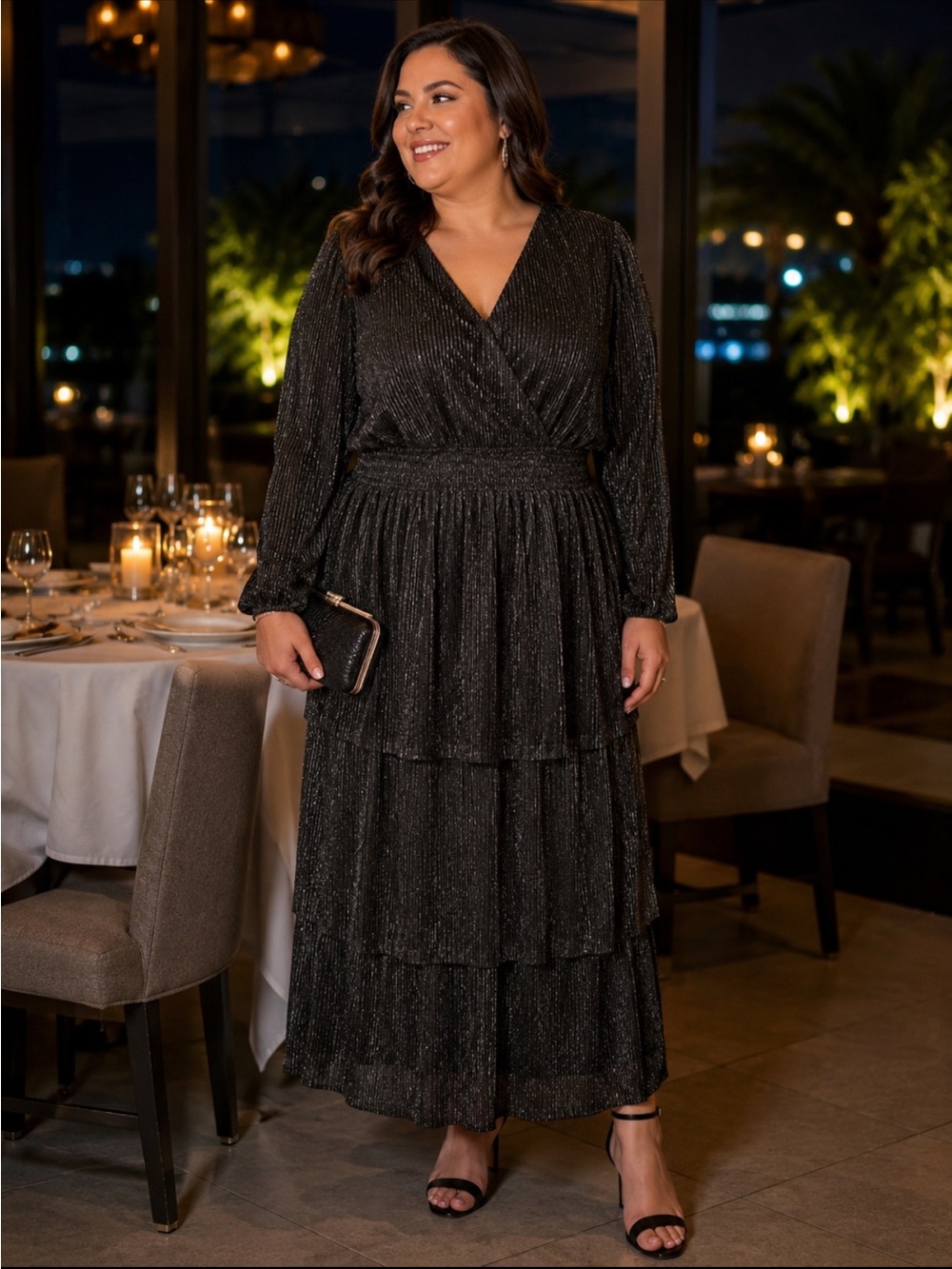 Polagram Black Metallic V-Neck Tiered Midi Dress